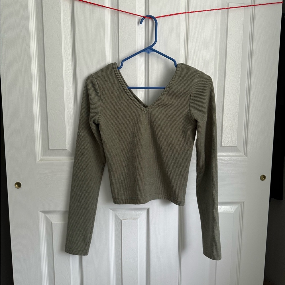Final Touch Olive Long Sleeve V-Neck Blouse